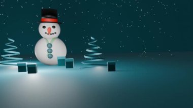 Ağaçlı Noel Kardan Adam ve sunar mavi arka plan 4k animasyon 