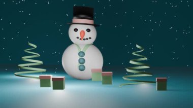 Ağaçlı Noel Kardan Adam ve sunar mavi arka plan 4k animasyon 