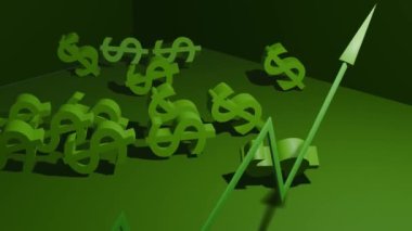 Yeşil dolarların düşüşü yeşil arka planda 3d 4k animasyon