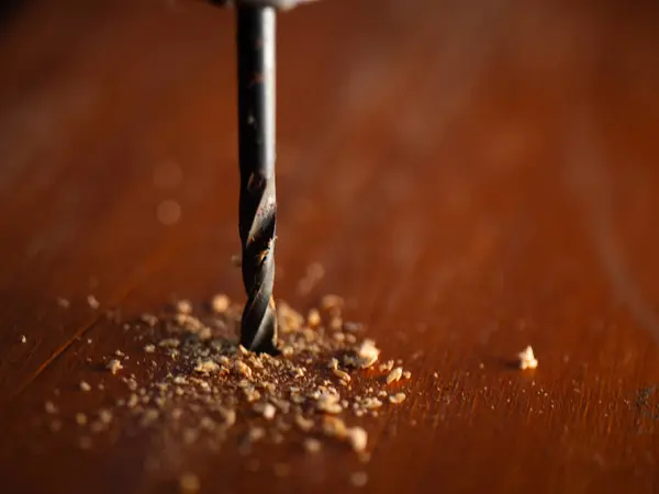 Matkap ucu tahtaya tutunuyor Makro çekim seçici odaklanma