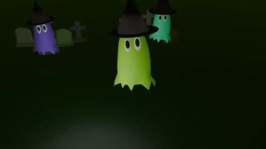 Mezarlıkta yüzen renkli bir hayalet grubu. Üç boyutlu 4k animasyon.