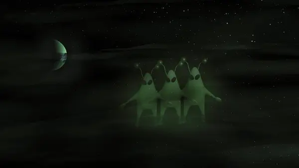 Uzak galaksideki Yeşil Uzaylılar 4k 3d illüstrasyon