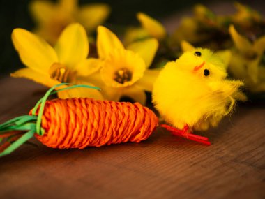 Paskalya yumurtaları ve nergis çiçekleri düz bir şekilde sergilenir.