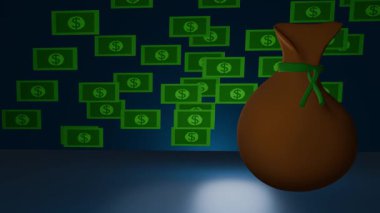 Yüzen dolarlarla dolu para çantaları. Üç boyutlu boşluk. 4k uzay animasyonu. 