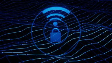 Wifi sinyali siyah arkaplan animasyonu 4k seçici odak üzerine mavi yayın verisi