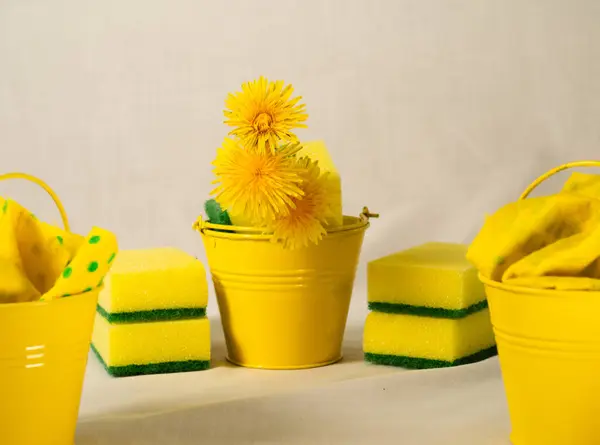 Bahar temizleme kovaları, süngerler ve bez parçaları seçici odak noktası