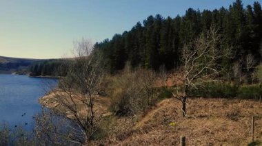 Peak District Ulusal Parkı 'ndaki göl ve tarım arazisi mavi gökyüzü manzarası geniş 4k insansız hava aracı seçici odak noktası