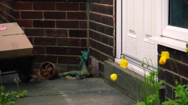 Elinde karton kutular ve tramvay taşıyan bir kadın. Evin ön kapısının önünde. 4K 'lık seçici bir fotoğraf.