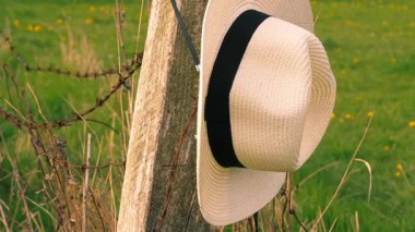 Yazın çayırda asılı duran hasır şapka yakın çekim odaklı seçici odak noktası