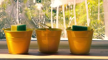 Bahar temizliği sabunlu sabunlarla camları silerek 4K 'lık seçici odak noktasını kapat