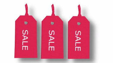 Beyaz arkaplanda sallanan indirimli kırmızı etiket 4k animasyonu