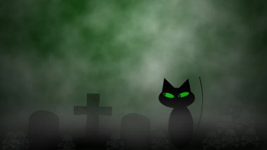 Karanlık bulutlarla kaplı yalnız mezarlıkta kara kedi. 4k animasyon.