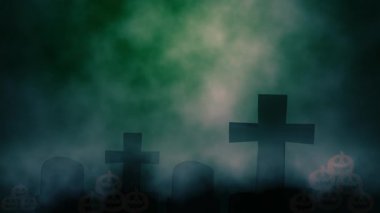 Karanlık bulutlar üzerinde balkabakları olan yalnız bir mezarlık. 4k animasyon.