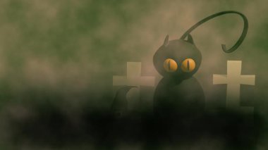 Karanlık bulutlarla kaplı yalnız mezarlıkta kara kedi. 4k animasyon.