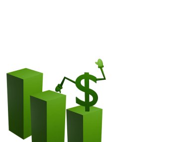 Üç boyutlu uzay illüstrasyonunda yeşil çubuk grafiği ile ABD doları dalgalanması