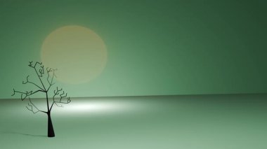 Yeşil manzarada yapayalnız bir ağaç. Gün batımı 3 boyutlu animasyon konsepti.