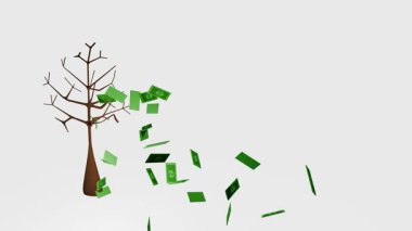 Dolar ve para çantalı para ağacı üç boyutlu boşluk 4k 3 boyutlu uzay animasyonu 
