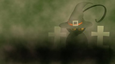 Karanlık bulutlarla kaplı yalnız mezarlıkta kara kedi. 4k animasyon.