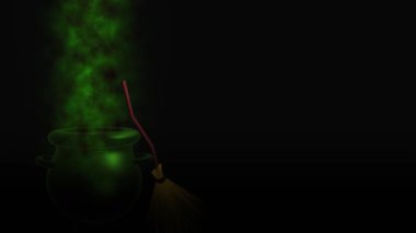 Cadıların kazanı ve süpürgesi siyah arka planda duman ve ateş ile 4k animasyon