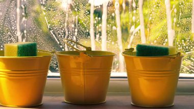 Bahar temizliği sabunlu sabunlu camları yıkama orta boy zoom görüntüsü seçici odaklanma