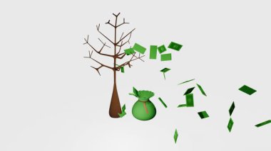 Dolar ve para çantalı para ağacı üç boyutlu boşluk 4k 3 boyutlu uzay animasyonu 