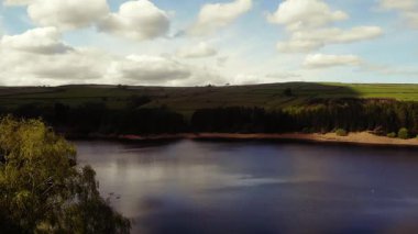 Ağaçlar ve tarım arazileri, Peak District Ulusal Parkı 'ndaki gölü çevreleyen mavi gökyüzü geniş zoom insansız hava aracı seçici odak noktası.