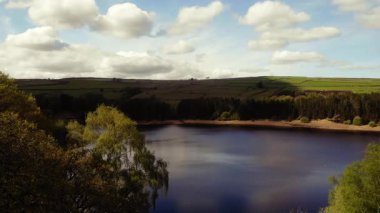 Tepe İlçesi Ulusal Parkı 'ndaki ağaçlar ve tarlalar çevresindeki göl mavi gökyüzü geniş 4k hava aracı seçici odak noktası