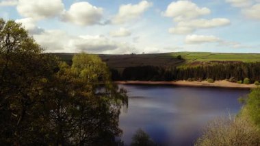 Tepe İlçesi Ulusal Parkı 'ndaki ağaçlar ve tarlalar çevresindeki göl mavi gökyüzü geniş 4k hava aracı seçici odak noktası
