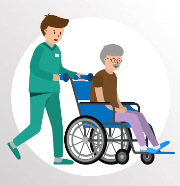 Bir hemşire, hastanede tekerlekli sandalyede olan yaşlı bir adamı itiyor..