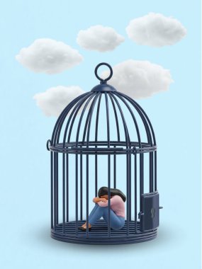 Minyatür bir figür büyük bir kuş kafesinde tek başına oturuyor ve kapı açık. Bu güçlü görüntü zihinsel sağlık mücadeleleri tarafından kapana kısılmış hissi temsil ediyor. Anksiyete ya da depresyon gibi. Kaçmak mümkün olsa bile..