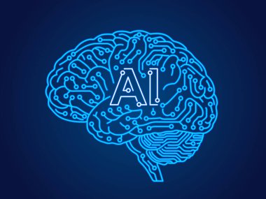 Merkezinde yapay zeka olan bir devre beyni teknolojinin ve geleceğin yeniliğinin sembolüdür.