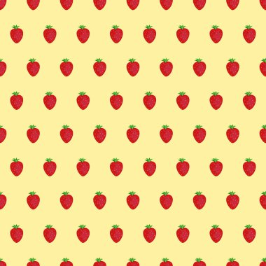 Sarı arka planda çilekli kusursuz desen. Dama desenli parlak kırmızı çilekler. Kumaş, ambalaj kağıdı ve giysiler için hoş bir desen. Vektör illüstrasyonu.