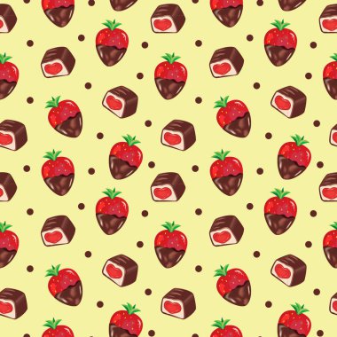 Kusursuz vektör desenli, koyu çikolatalı ve sarı arkaplanlı gerçek çilekli. Baskı, ambalaj kağıdı, duvar kağıdı, kumaş, tasarım Sevgililer Günü, düğün, doğum günü.