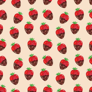 Bej arka planda siyah çikolatayla süslenmiş gerçekçi çileklerle kusursuz vektör deseni. Baskı için mükemmel, ambalaj kağıdı, duvar kağıdı, kumaş, Sevgililer Günü tasarımı, düğün, doğum günü.