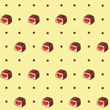 Sarı arka planda kalp şeklinde doldurulmuş çikolata şekerli vektör deseni. Sevgililer günü, doğum günü, düğün için çikolata şekerli parlak, kusursuz vektör deseni.