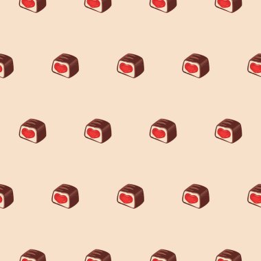 Bej bir arka planda kalp şeklinde doldurulmuş çikolata şekerli vektör deseni. Sevgililer günü, doğum günü, düğün için çikolata şekerli parlak, kusursuz vektör deseni.