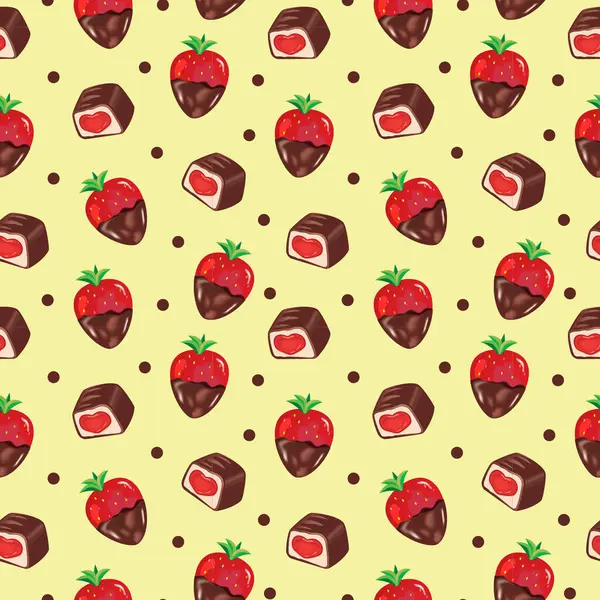 Kusursuz vektör desenli, koyu çikolatalı ve sarı arkaplanlı gerçek çilekli. Baskı, ambalaj kağıdı, duvar kağıdı, kumaş, tasarım Sevgililer Günü, düğün, doğum günü.