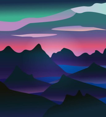 Bu grafik, parlak pembe gökyüzü ve ruhani bulut oluşumlarına karşı dizilmiş mavi göllü karanlık, siluetli dağ sıralarının yer aldığı dağlık bir manzara sunar. Bir dinginlik ve genişlik hissi uyandırıyor, atmosferik görseller için ideal..