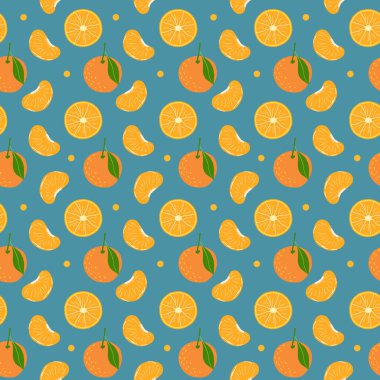 Parlak mandalina ve dilimlerle vektör deseni. Mavi arkaplanda tropikal desen.