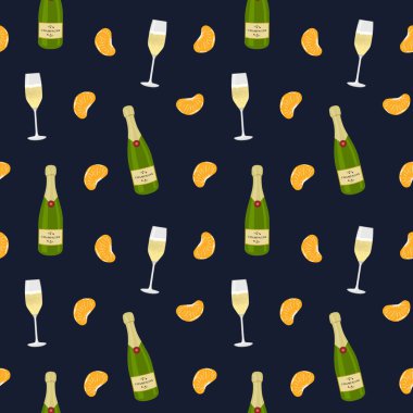 Koyu mavi arka planda şişe, şampanya ve mandalina kadehleriyle kusursuz yeni yıl şablonu..