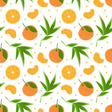 Portakallı, mandalina dilimli ve beyaz arkaplanda yapraklı turunçgiller..