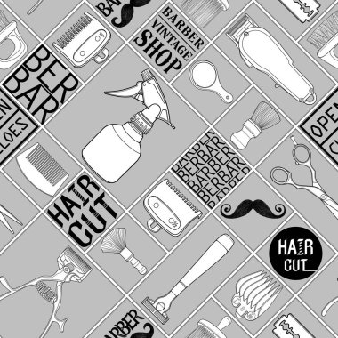 Kusursuz berber gri renk araçları dükkan vintage simge desen ve kara zemin için logo illüstrasyon işareti.