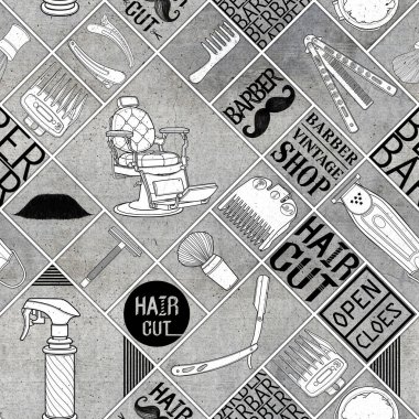 Kusursuz berber gri renk araçları dükkan vintage simge desen ve kara zemin için logo illüstrasyon işareti.