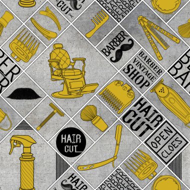 Kusursuz berber altın rengi aletler dükkan antika simgesi desen ve kara zemin için logo illüstrasyon işareti.