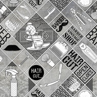 Kusursuz berber gri renk araçları dükkan vintage simge desen ve kara zemin için logo illüstrasyon işareti.