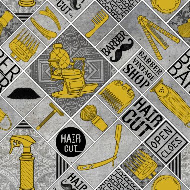 Kusursuz berber altın rengi aletler dükkan antika simgesi desen ve kara zemin için logo illüstrasyon işareti.