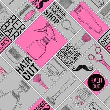 Kusursuz berber aletleri mağazası gri ve pembe ikon desen ve kara zemin için logo illüstrasyon işareti.