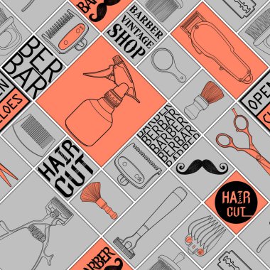 Kusursuz berber aletleri dükkânı Gri ve turuncu ikon desen ve kara zemin için logo illüstrasyon işareti.