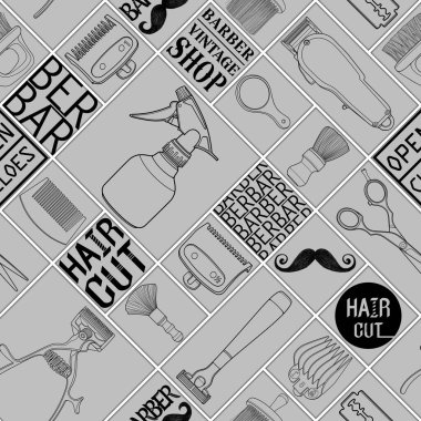 Kusursuz berber gri renk araçları dükkan vintage simge desen ve kara zemin için logo illüstrasyon işareti.