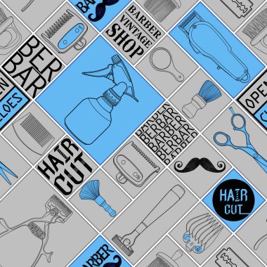 Kusursuz berber aletleri dükkânı Gri ve mavi ikon desen ve kara zemin için logo illüstrasyon işareti.
